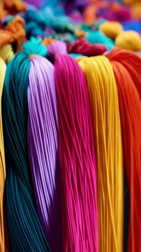 Close-up of vibrant colored tassels arranged in a row, showcasing texture and craftsmanship of the decorative handmade elements.