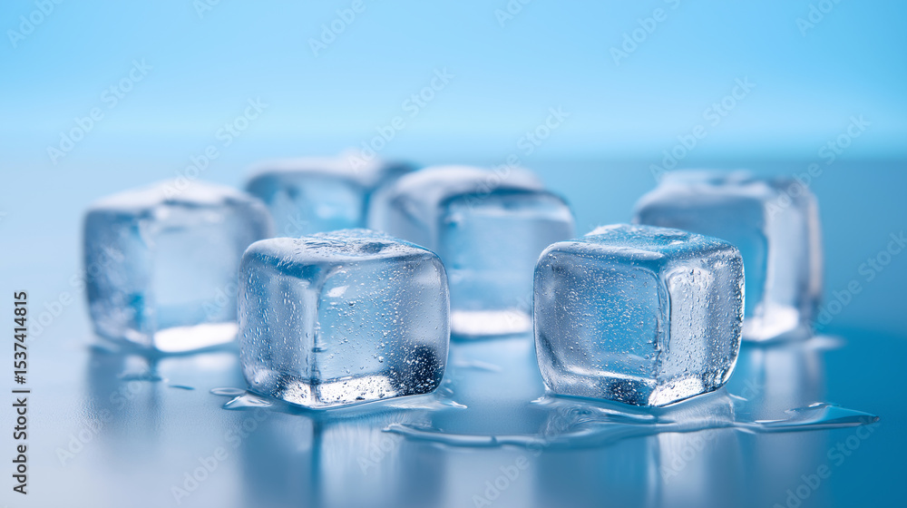 Poster several clear ice cubes with water droplets are melting on a reflective blue surface, creating a ref