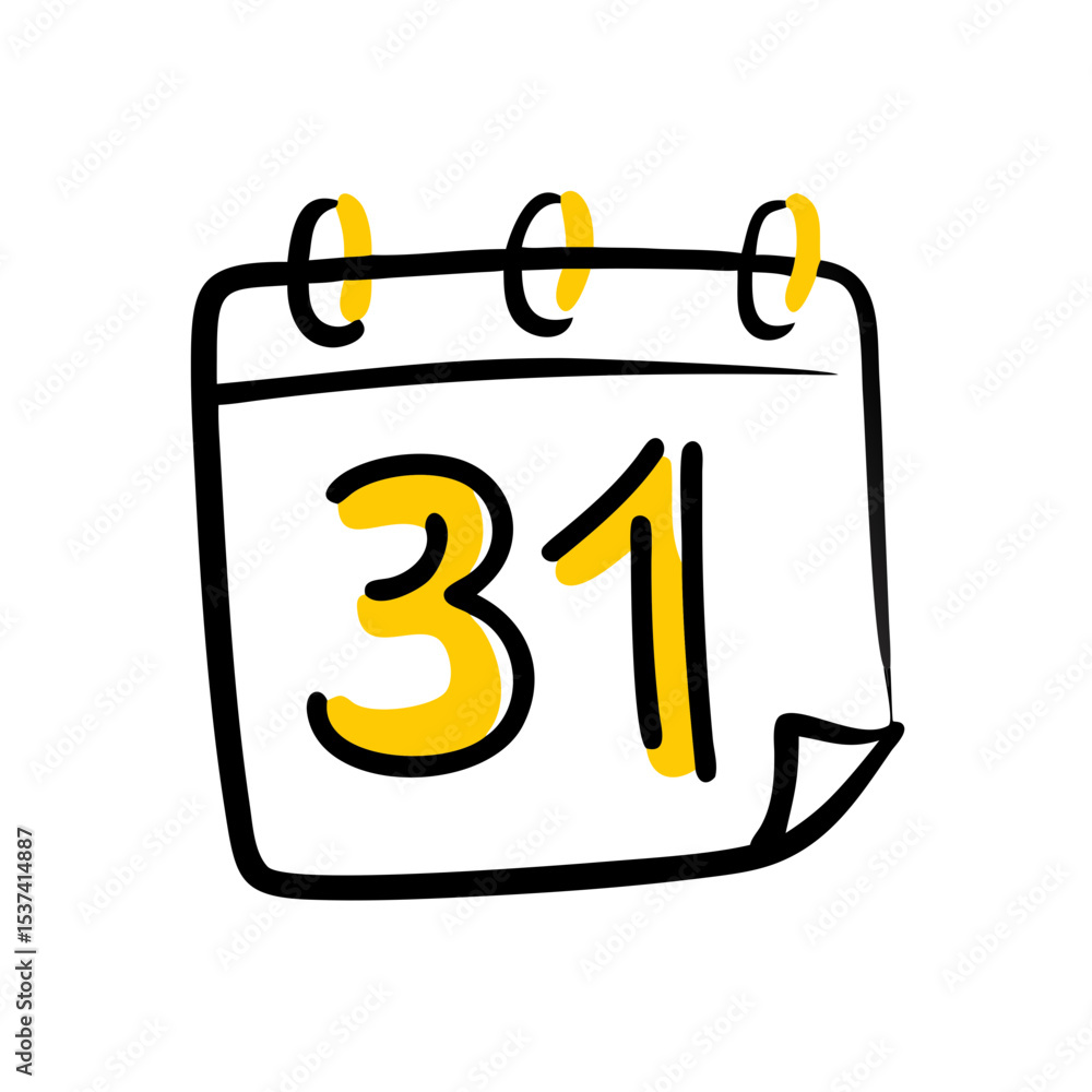 Poster hand draw calendar with 31 on transparent background for web and graphic design