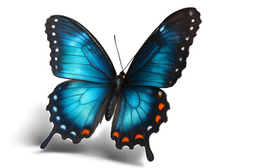 Vibrant blue butterfly with black and orange accents