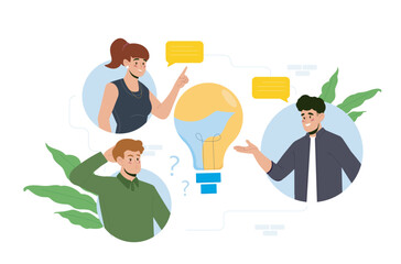 Three people discussing ideas around a light bulb, flat cartoon style, on white background with leaves and chat bubbles, concept of brainstorming teamwork. Vector illustration