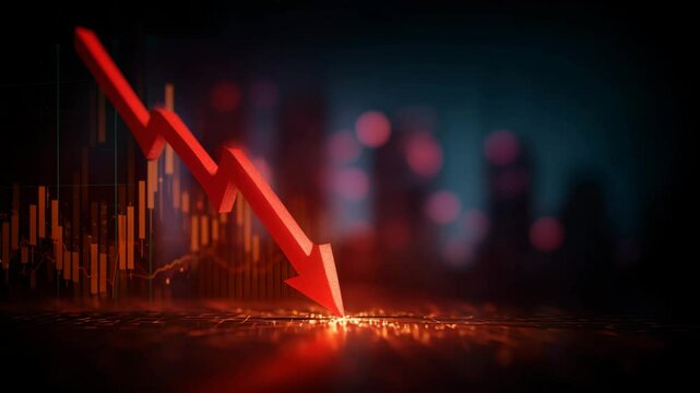 Red bar chart arrow animation indicating economic or financial decline. Ideal for business presentations, crisis reports, or investment loss visuals.