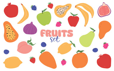 A large set of fruits and berries in a flat drawn cartoon style