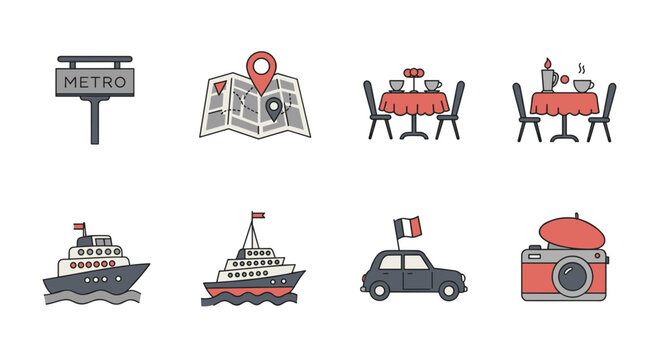 Paris travel guide icons set vector illustration featuring metro map restaurant ship car and camera icons for tourism