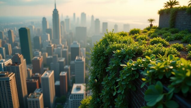 Urban skyline with lush green rooftop garden and cityscape in the background at sunrise