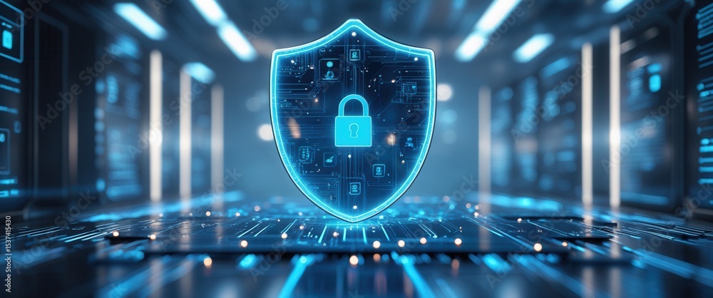 Aufkleber digital shield with padlock icon representing cybersecurity in a futuristic server room environment