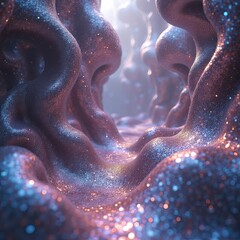 A cascade of shimmering, iridescent fractals flowing and swirling in a mesmerizing dance, with subtle distortions and chromatic aberrations creating a sense of depth and movement.
