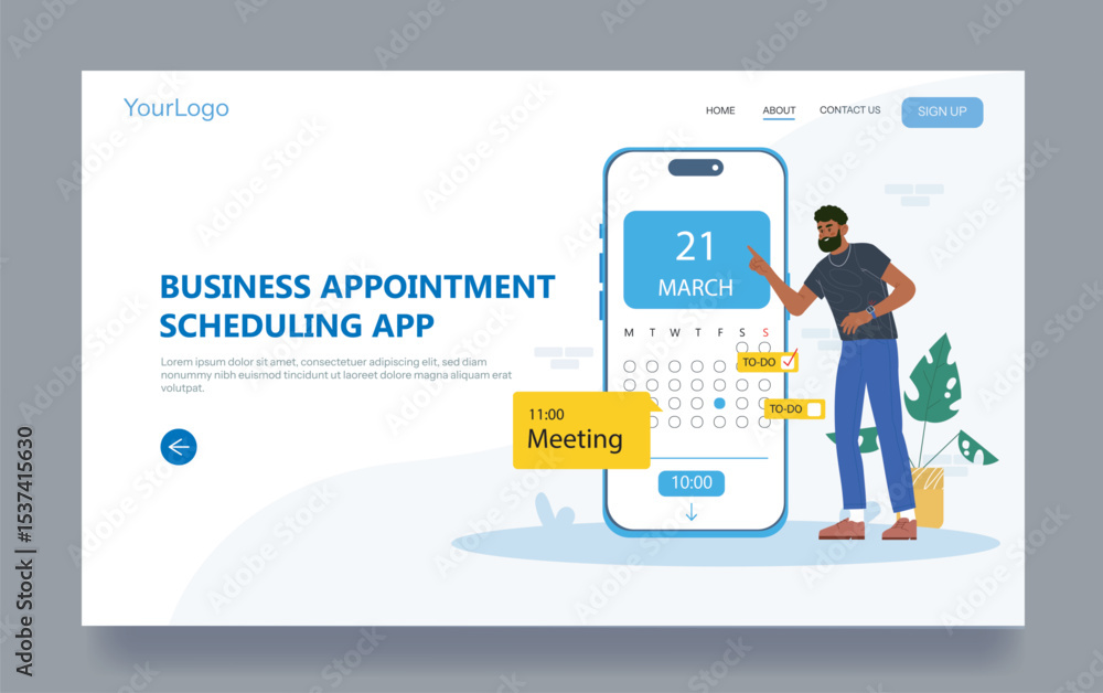 Poster man using a smartphone calendar interface for business appointments, flat style with minimal design 