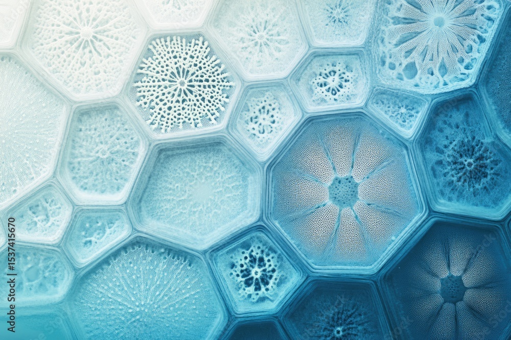 Fototapete close-up of intricate hexagonal patterns in shades of blue, resembling cells or an abstract, organic