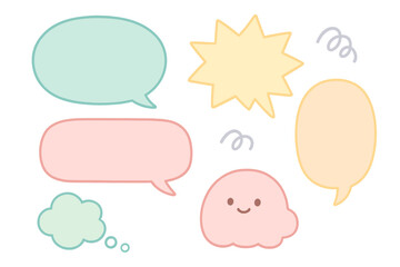 A set of empty cartoon speech bubbles is presented in a retro comic style with pastel colors, featuring hand-drawn pop art elements including vintage speech clouds and thinking bubbles