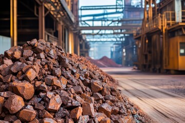 Iron ore rocks are stacked near a steel manufacturing facility, highlighting the bustling industrial environment. The setting reflects ongoing steel production operations