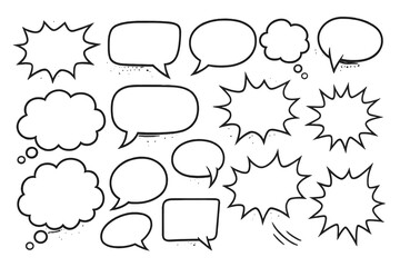 A set of vacant comic speech bubbles featuring halftone shadows, presented as hand-drawn retro cartoon stickers in a pop art style, created as a vector illustration