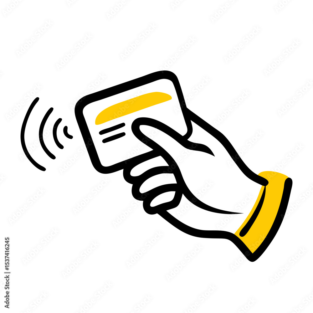 Poster hand draw contactless card transaction on transparent background for web and graphic design