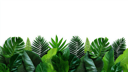 A vibrant border of various green tropical leaves forms the bottom edge of a clean white background, providing ample copy space.
