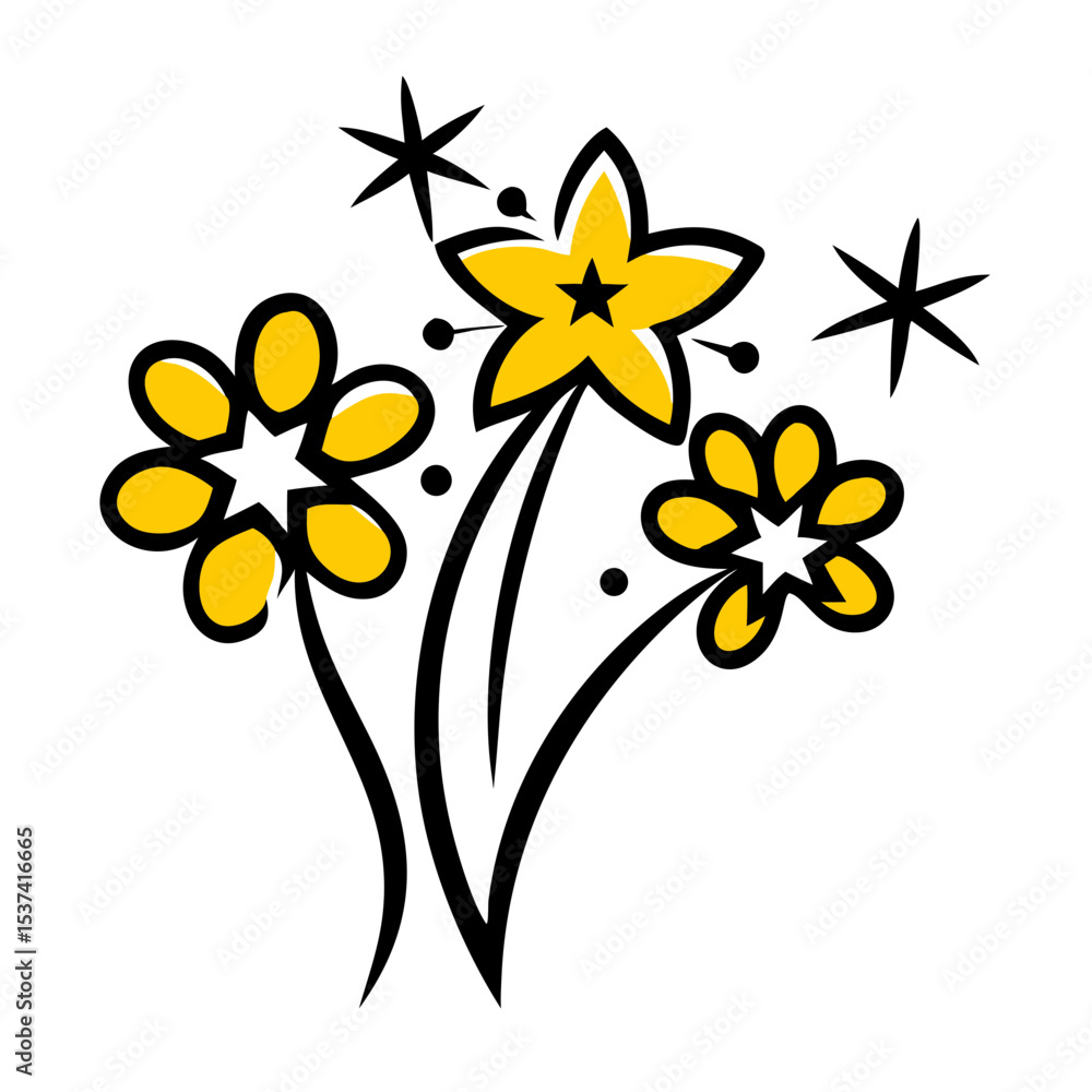Poster hand draw dense floral cluster with starburst petals icon on transparent background for web and grap