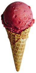 A delicious scoop of strawberry or raspberry sorbetto, gelato or ice cream in a cone, isolated on white background.	

