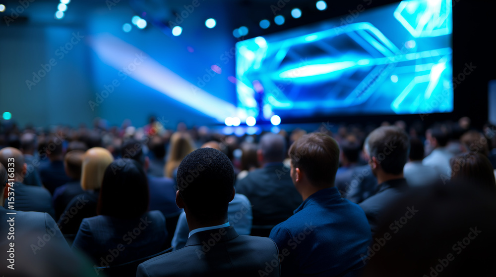 Poster a large audience views a speaker on a brightly lit stage with a large screen during a conference or 