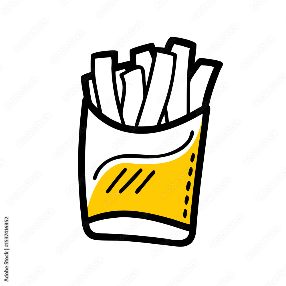 Poster hand draw fries in packet icon on transparent background for web and graphic design