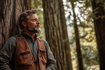 Naklejka premium Pensive man with vest leans against redwood tree, gazing into the light-dappled forest, contemplating nature.