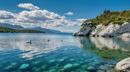 Fototapeta premium Tranquil lake scene with birds