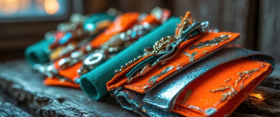 Close-up of colorful handmade fabric wallets with decorative beads and embroidery on rustic wooden surface