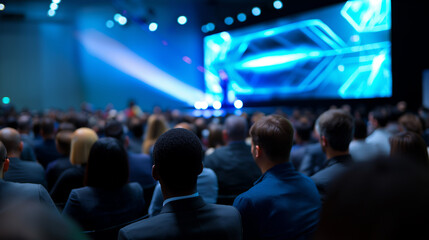 A large audience views a speaker on a brightly lit stage with a large screen during a conference or event.
