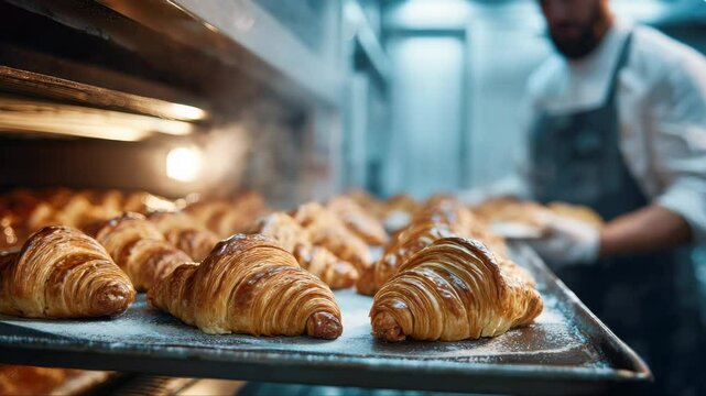 Freshly baked croissants on baking sheet in oven indoors, closeup - Powered by Adobe