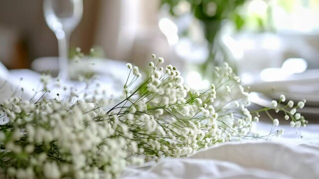 Close-up of delicate white gypsophila flowers resting on a rumpled white linen tablecloth, with soft, diffused light creating a serene atmosphere.