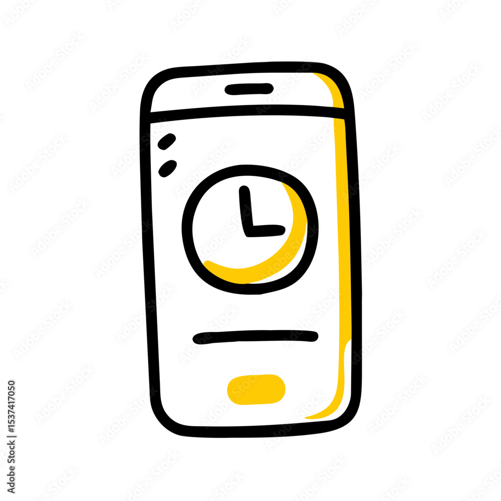 Poster hand draw mobile phone time icon on transparent background for web and graphic design