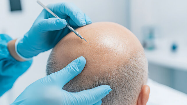 Hair restoration procedure on a bald head with a fine needle and a pair of hands in surgical gloves working for a hair transplant in a sterile clinic.
