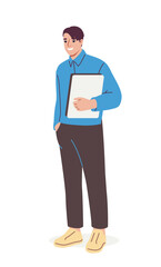 Young man smiling and holding a folder while standing, flat cartoon style, isolated on white background. Concept of office worker or student. Vector illustration