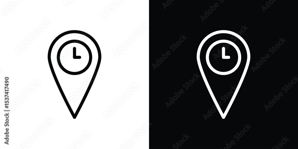 Poster real time location icon set in line.