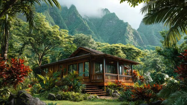 The traditional house of Embera tribe in Panama with an Eagle flying above the house. Blue sky with white clouds above, and green garden flowers in front of the house; Traditional Embera house