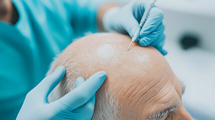 Naklejka premium Medical Professional Administering Scalp Injection: A medical professional injects the scalp with a syringe during a procedure, promoting skin health and wellness.