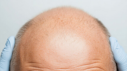 Naklejka premium Examining hair loss with gloved hands. Sparse hair coverage on the scalp being checked. Baldness and scalp health concerns. Medical professional view.