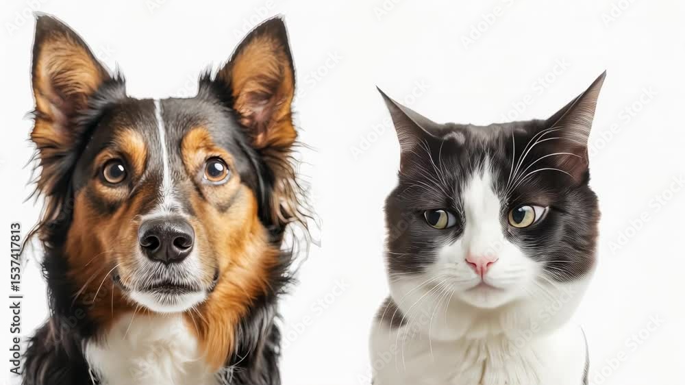 Poster a studio shot captures a dog and a cat, each with distinct expressions. the image showcases the uniq