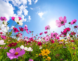 Fototapeta premium blooming wildflower meadow with vivid pink, purple, white, yellow flowers