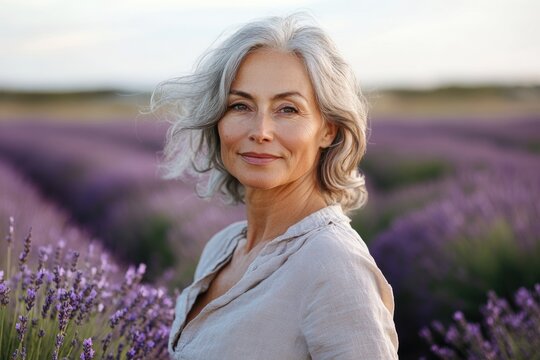 Elegant mature woman with silver hair stands in a field of lavender, smiling softly at the camera. - Powered by Adobe