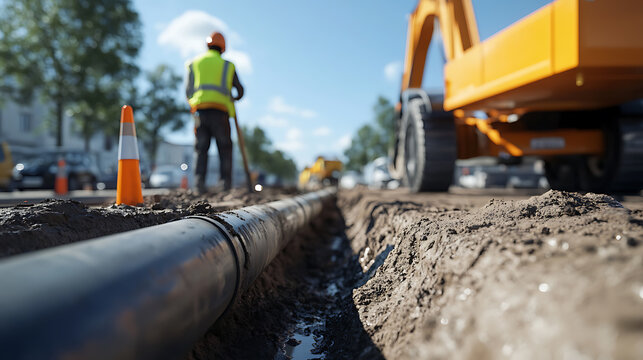 Underground utility work underway with heavy equipment and a worker installing a pipe in a trench on a city street. Road construction and infrastructure upgrade.