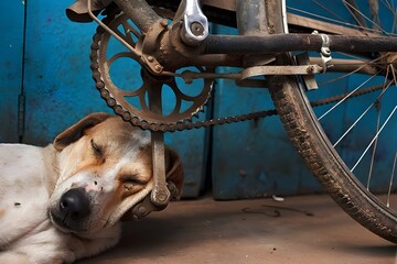 tired dog sleeping peacefully next to old rusty bicycle vintage lifestyle