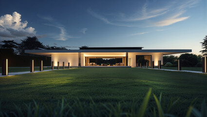 Fototapeta premium Illuminated modern home at dusk with a beautifully landscaped yard.