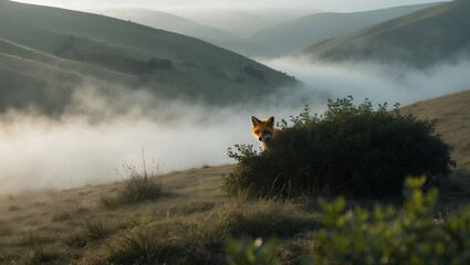 Fox peeking from bush in misty mountain landscape during sunrise