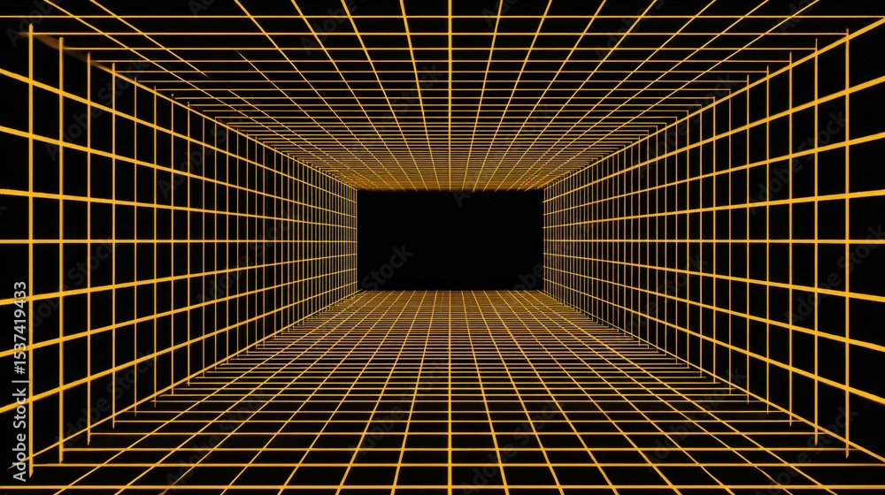 Poster a yellow and black image of a room with a large open space. the room is empty and the only thing vis