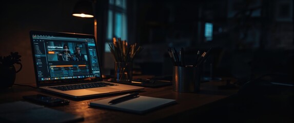 Laptop on a wooden desk in a dimly lit workspace with stationery and a warm desk lamp