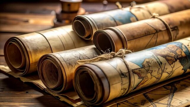 Arrangement of rolled vintage maps tied with twine on a weathered wooden surface creating a historic and adventurous atmosphere