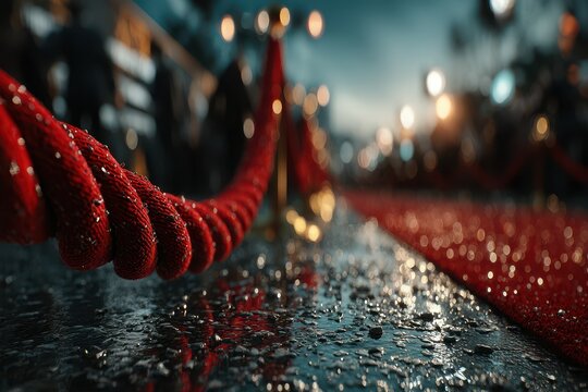 Red carpet event preparation with glistening surface at twilight, capturing anticipation for a glamorous gathering