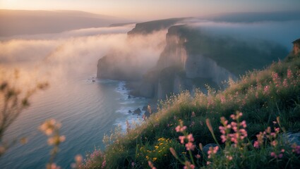 Cliffside Overlook with Fog Rolling In and Wildflowers Blooming