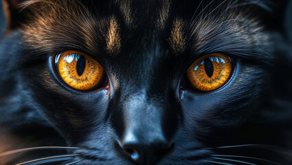 Intense gaze of a black cat with captivating orange eyes in a close-up.