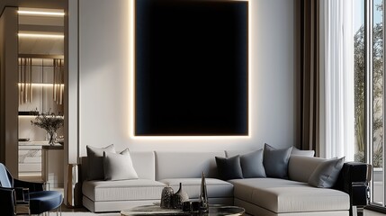 Modern luxury living room with chrome accents and soft neon halo glow at sunset.