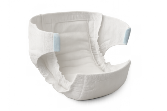 Clean and unused open white diaper isolated on transparent background, ready for use for baby care and hygiene